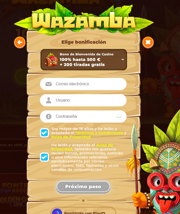 Wazamba Casino formulario de registro con bono de bienvenida