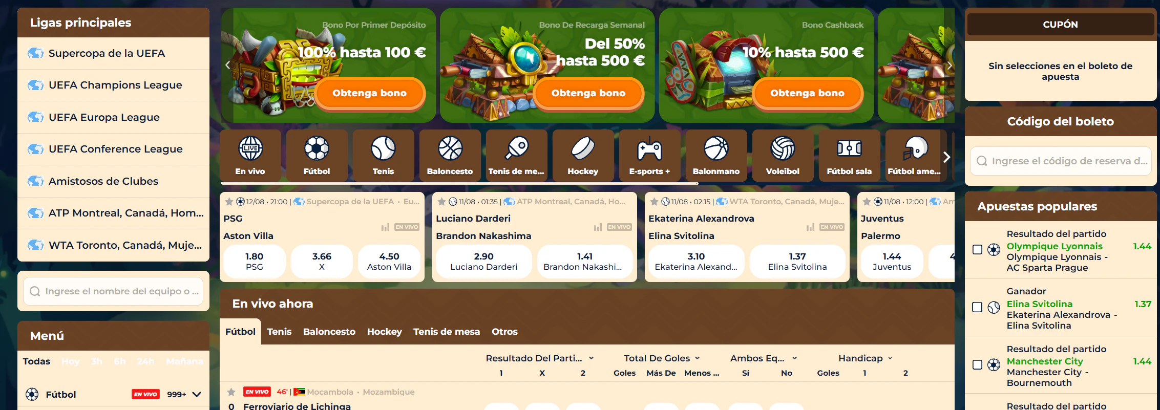 Wazamba Casino sección de apuestas deportivas con fútbol, tenis y otros deportes