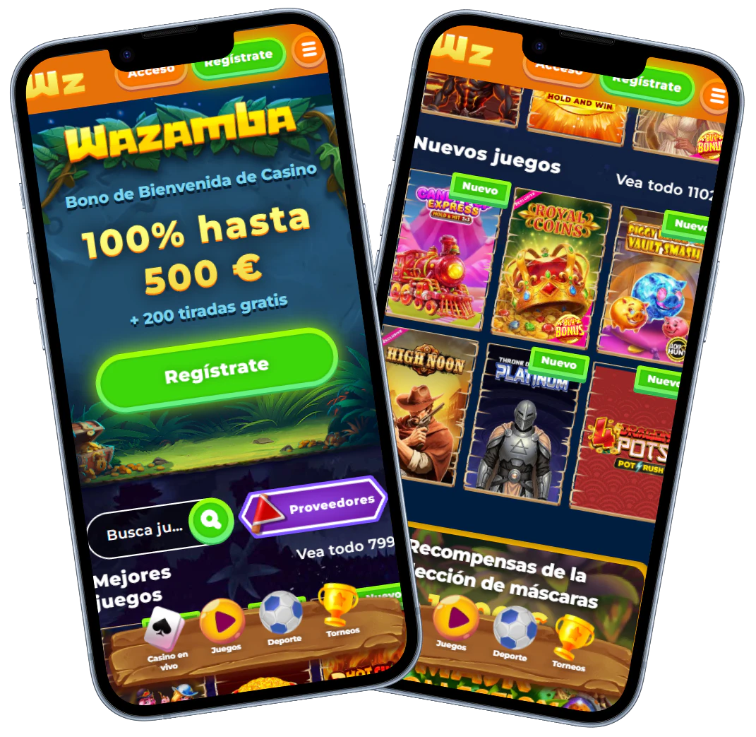 Wazamba Casino versión móvil con bono de bienvenida y selección de juegos